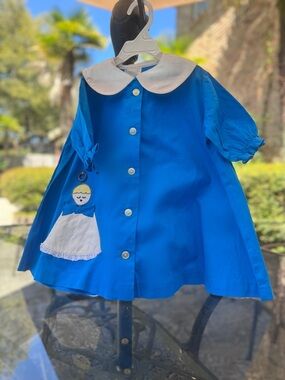 RARE Vintage Bright Blue Girl’s Dress w Peter Pan Collar, and Embroidered Angel